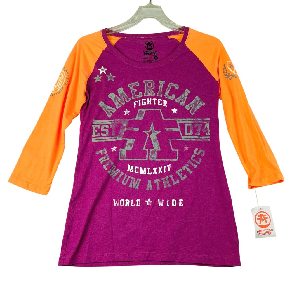 American Fighter M Purple Orange Yale 3/4 Raglan Graphic Tee Shirt MMA Retro